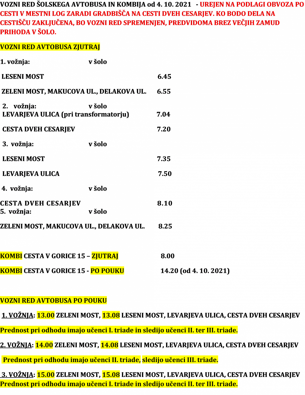 VOZNI RED AVTOBUSA IN KOMBIJA OD 4. 10. 2021 DALJE – OSNOVNA ŠOLA ...